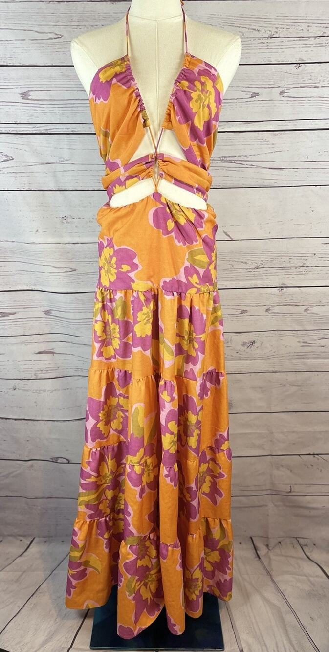 Runaway The Label Orchid Floral Cutout Maxi Dress XXL Orange Pink Tropical Resor